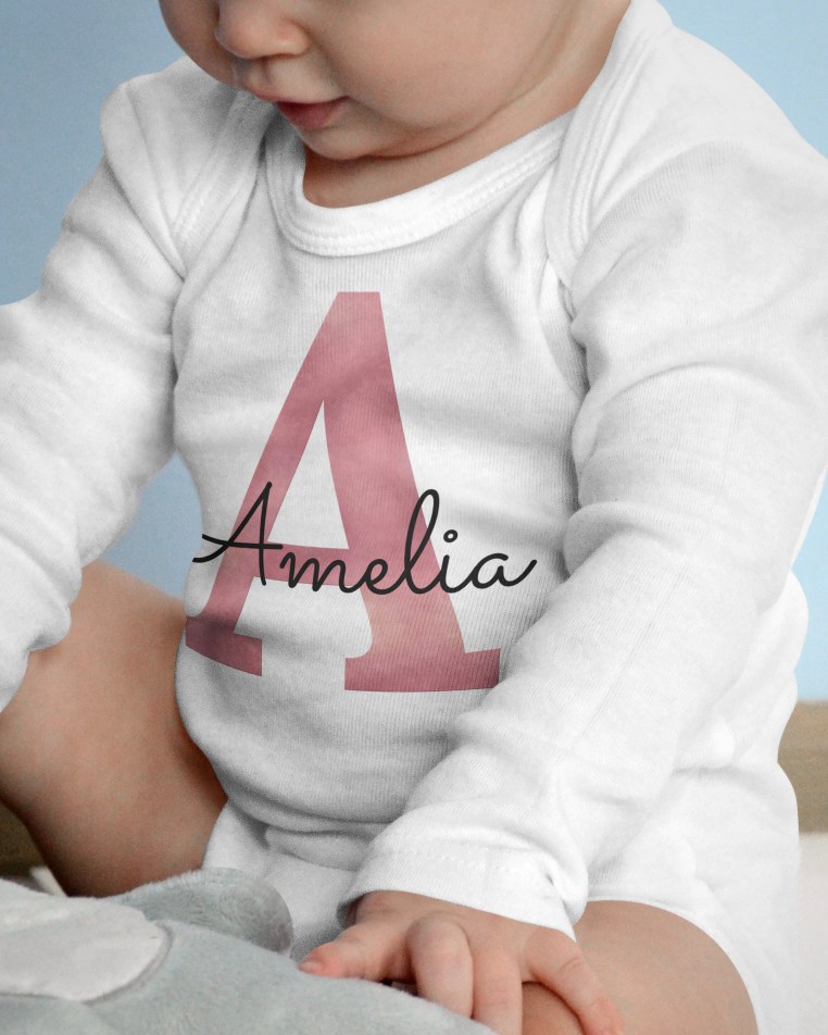 Initial and Script Name Bodysuit White / Black / Rose Gold